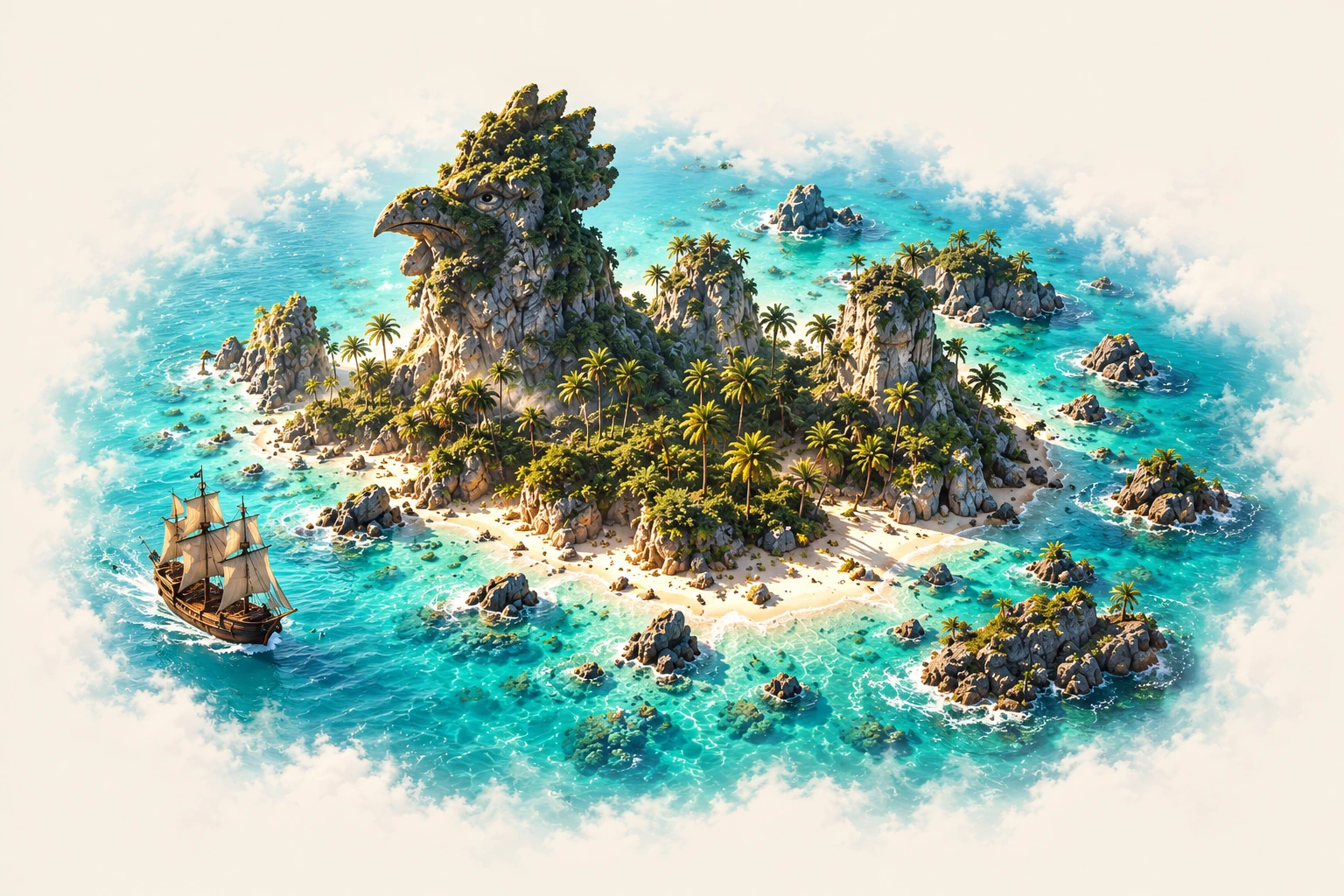 A miniature tropical island shaped like a rooster, with palm trees, turquoise coves and a tiny pirate ship.